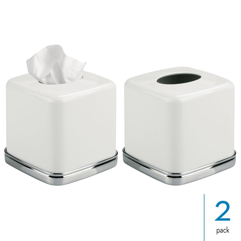 InterDesign iDesign Square Tissue Box Cover for Bathroom Vanity, Countertop, or Bedroom - Set of 2 - White/Chrome - Image 2